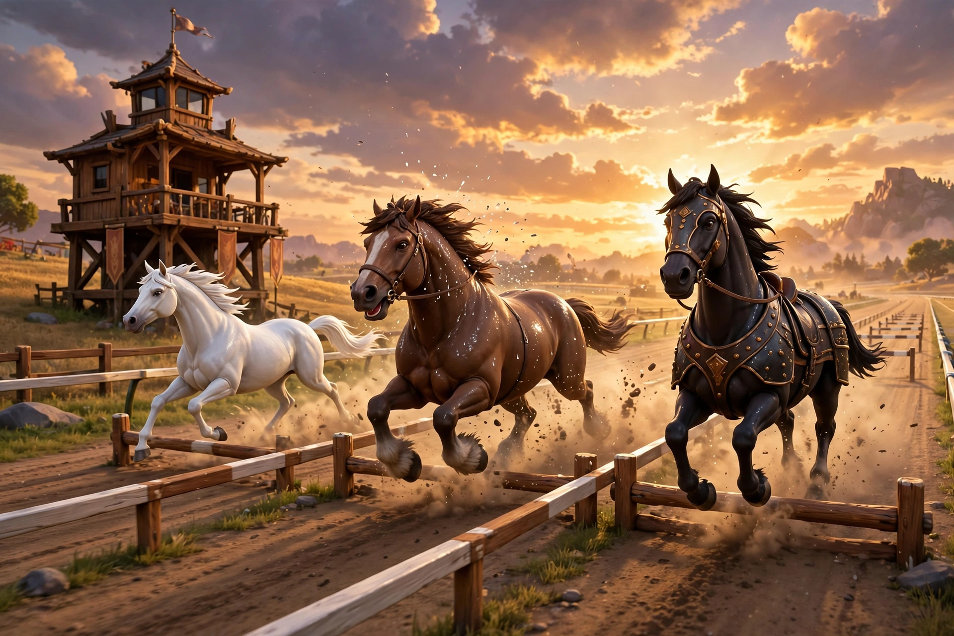 The Racetrack at golden hour — horses in their lanes