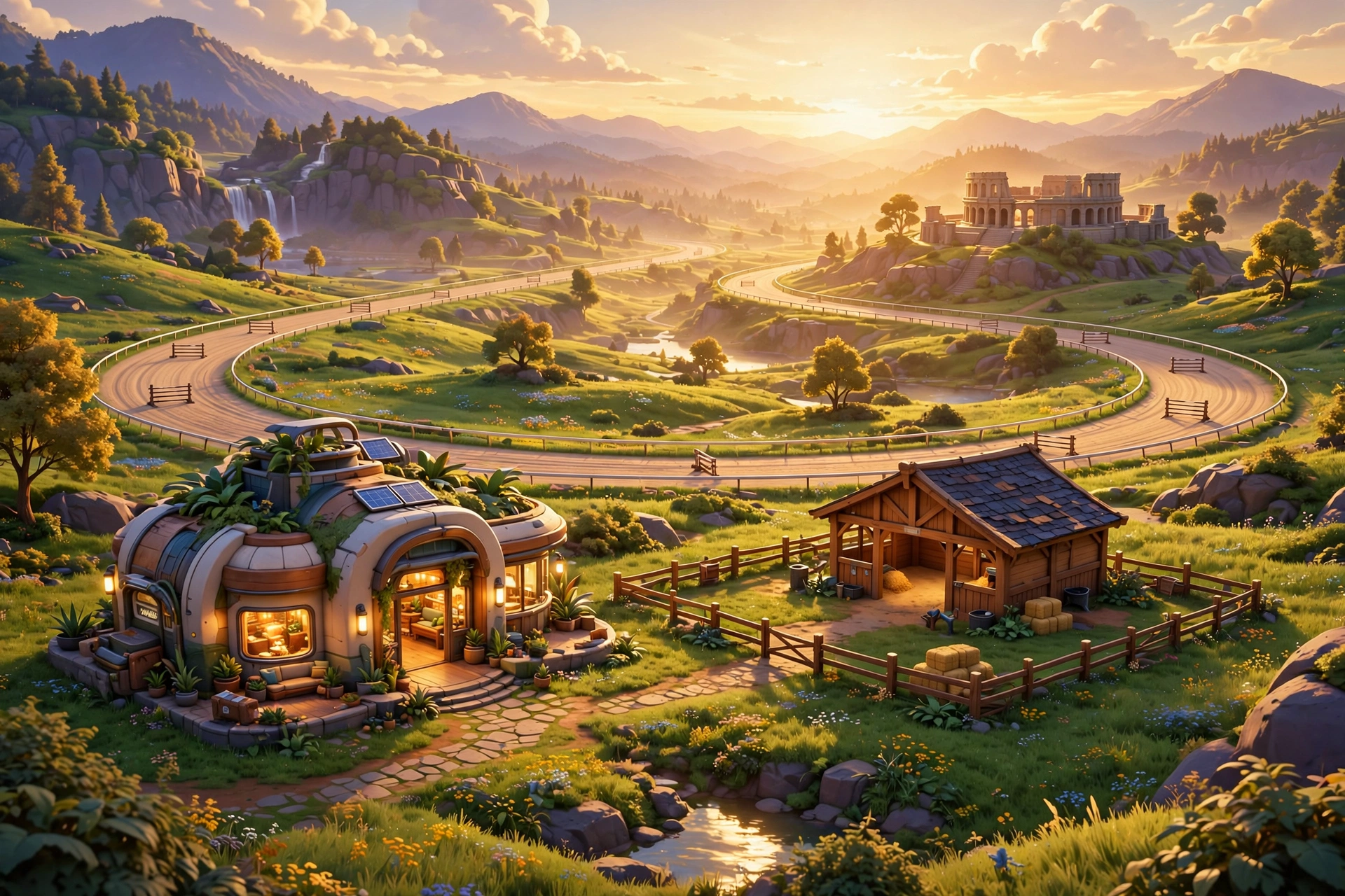Stable World — the open world: Coffee House, stable, racetrack and colosseum in one valley